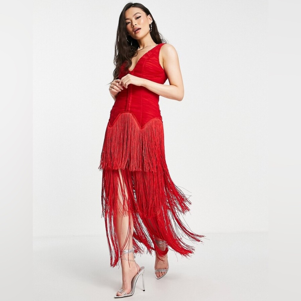 ASOS Design Tall dropped waist corset mesh fringe red midi Dress - size 8 - Picture 7 of 7